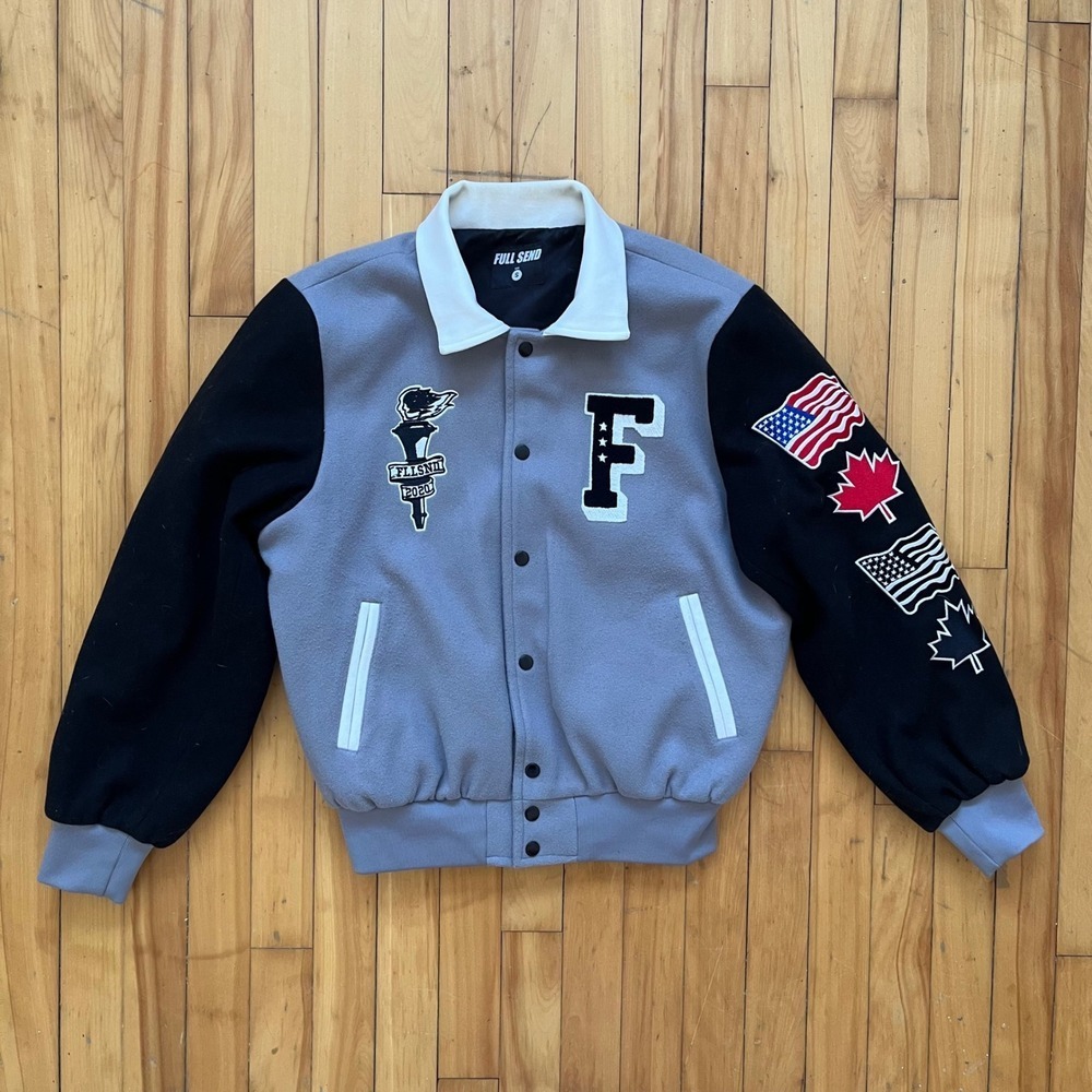 Nelk Boys Full Send Varsity Bomber Jacket Grey Black Patches Size S